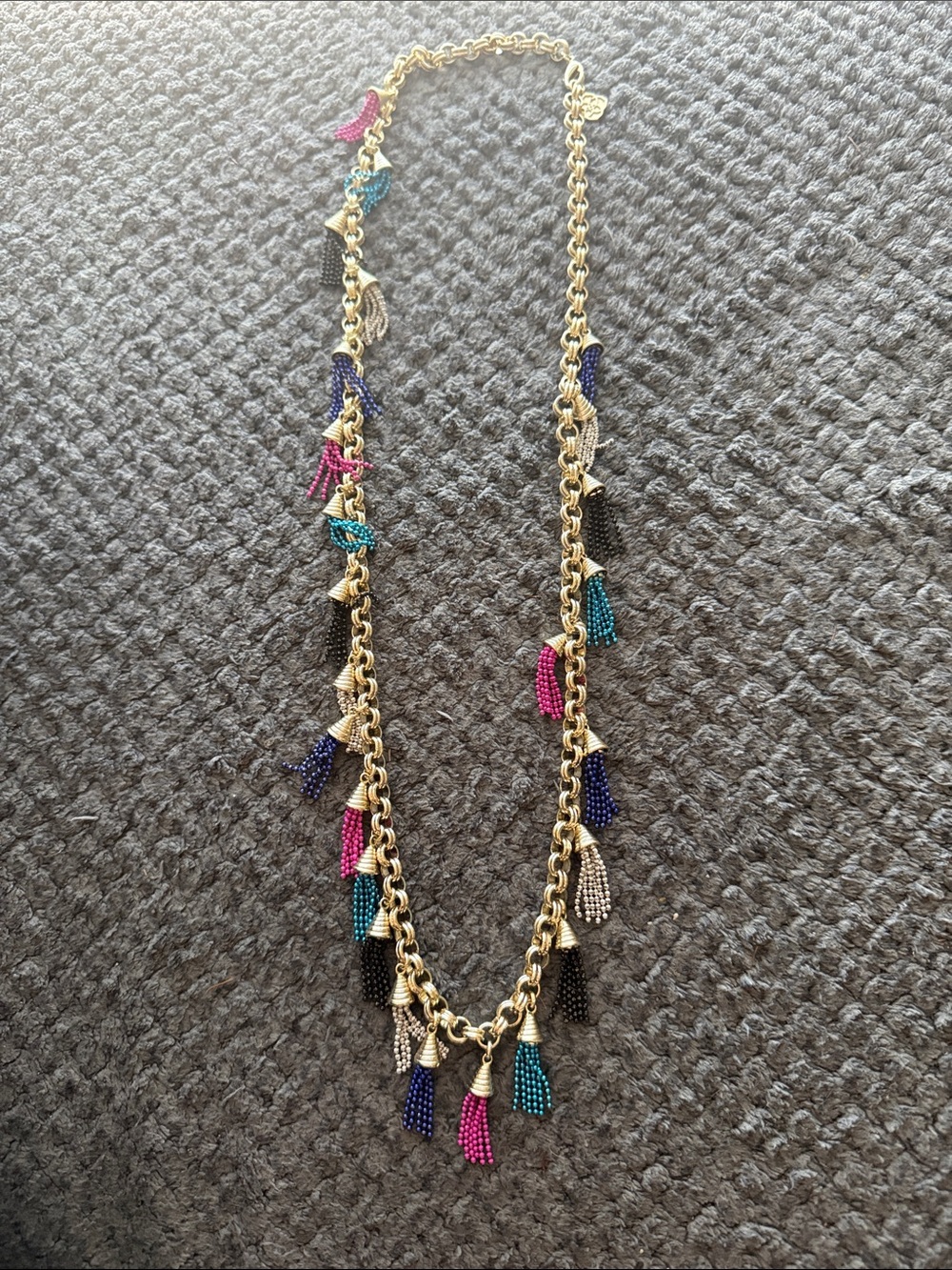 Kendra Scott Gold Chain Necklace with Pink, Teal, Navy, Black and Cream Tassels
